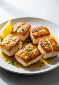 A close-up of pan-seared halibut cheeks recipe in a garlic butter sauce, garnished with fresh parsley.