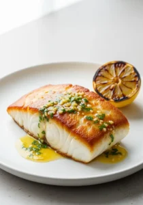 A pan-seared halibut fillet with a golden crust, served on a white plate with lemon garlic butter sauce and fresh parsley.