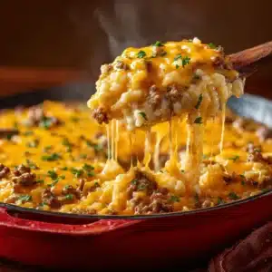 A scoop of ground beef and rice casserole on a white plate, showcasing the creamy texture and ingredients.