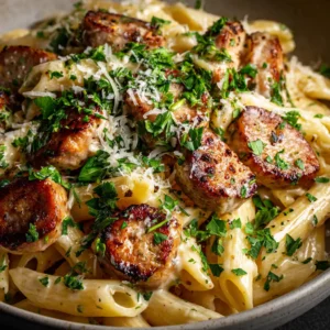 A close-up shot of the creamy chicken sausage pasta in a skillet, showing the rich texture of the parmesan cream sauce clinging to the penne pasta and chunks of chicken sausage.