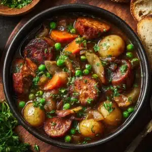 The ingredients for Dublin Coddle being layered in a large Dutch oven: sliced potatoes and onions topped with pork sausages and bacon.