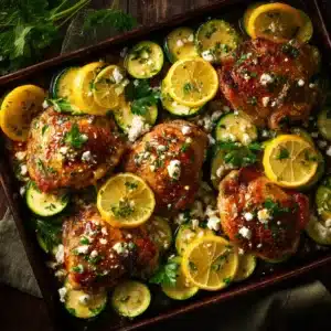 Raw ingredients for the Mediterranean chicken sheet pan dinner arranged on a baking sheet before roasting.