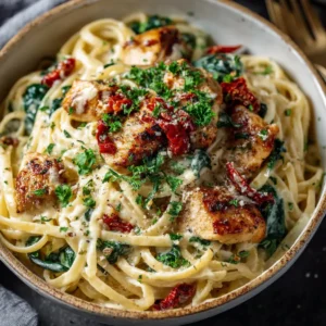 The key ingredients for Tuscan Chicken Pasta laid out on a wooden surface, including chicken breast, penne, spinach, sun-dried tomatoes, and heavy cream.