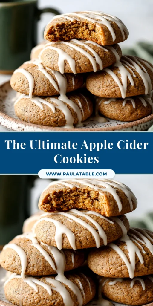A stack of soft and chewy apple cider cookies on a wooden board, with one cookie broken in half to show the texture. Perfect for a fall baking pin.