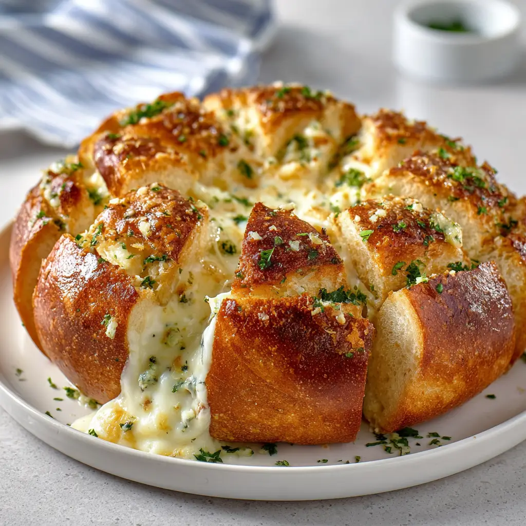 A tray of freshly baked Korean Cream Cheese Garlic Bread buns, with a crispy, golden-brown crust and visible cream cheese filling, ready to serve.