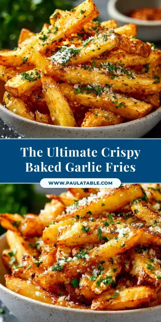 A heaping pile of crispy baked parmesan garlic fries in a rustic bowl, garnished with fresh parsley. The ultimate homemade fries recipe.