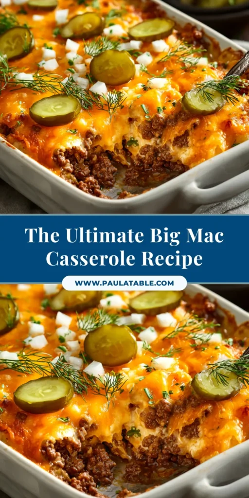 A delicious Big Mac Casserole in a baking dish, topped with lettuce, pickles, and special sauce. The ultimate comfort food dinner recipe.