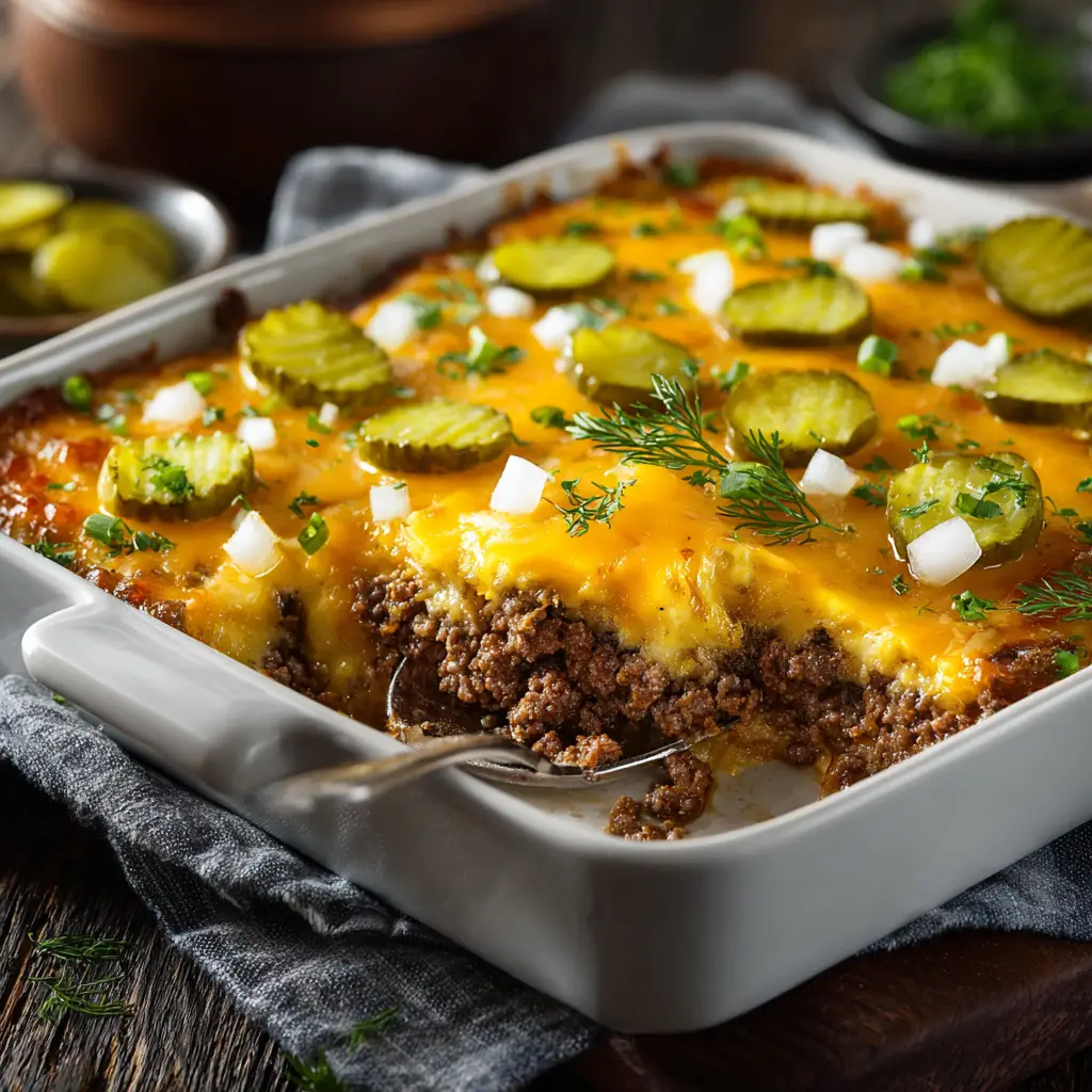 A serving of Big Mac Casserole on a plate, garnished with fresh lettuce, pickles, and a drizzle of homemade special sauce.