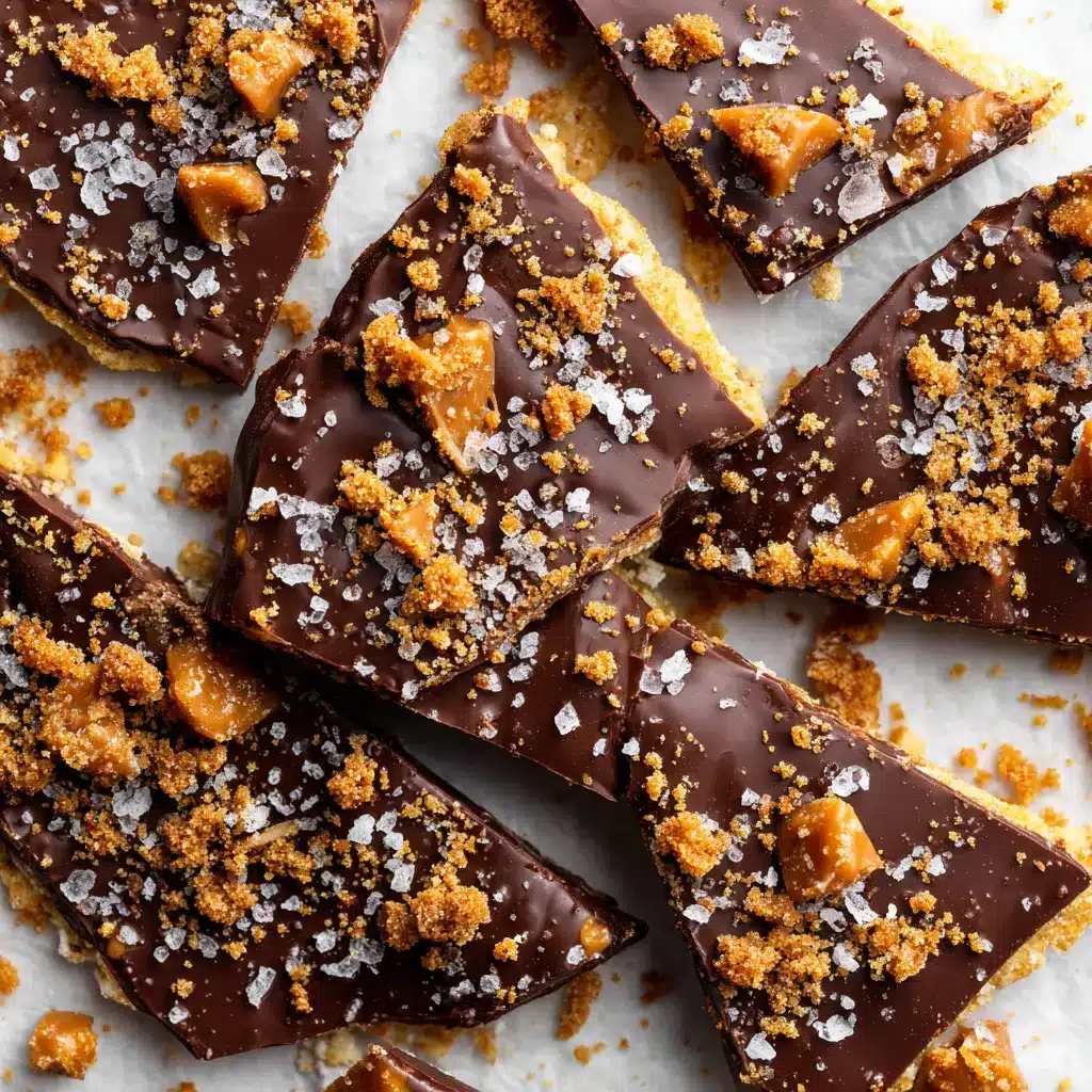 A close-up top-down view of freshly made Biscoff chocolate bark, with visible swirls of cookie butter and a sprinkle of sea salt.