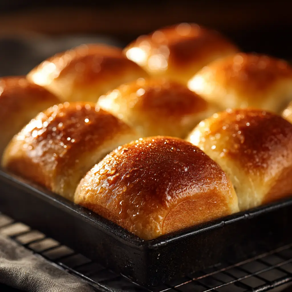 A batch of buttery yeast rolls ready to be served. The image shows the rolls closely packed, emphasizing their fluffiness and rich color.