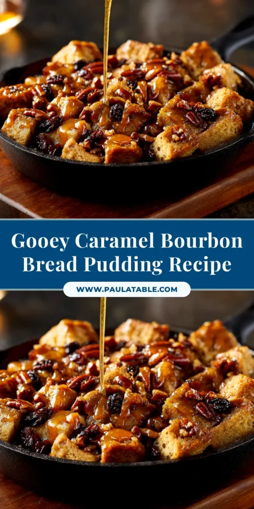 A serving of rich Caramel Bourbon Bread Pudding on a white plate, generously drizzled with homemade caramel bourbon sauce.