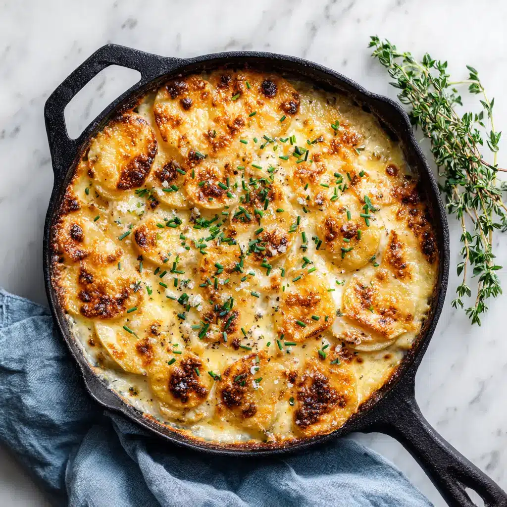 A scoop of cheesy baked potatoes being lifted from a casserole dish, with a visible cheese pull. This showcases the final, delicious result of the Au Gratin Potatoes recipe.