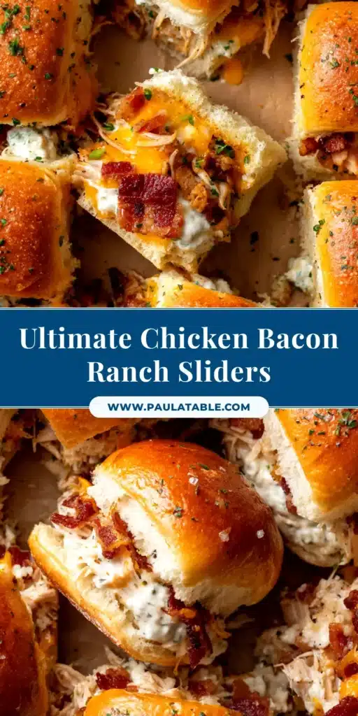 A pan of delicious Chicken Bacon Ranch Sliders on Hawaiian rolls, fresh out of the oven with golden-brown tops and melted cheese.