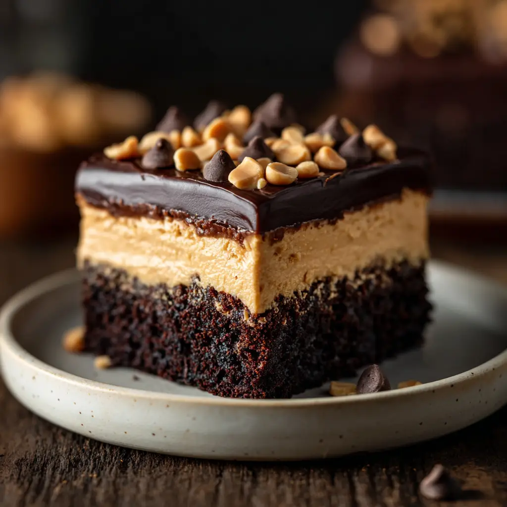An overhead view of a piece of Chocolate Peanut Butter Texas Sheet Cake, showing the smooth, rich frosting.