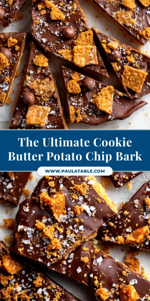 An overhead shot of broken pieces of Cookie Butter Chocolate Bark arranged on a piece of parchment paper, showing the beautiful swirls.