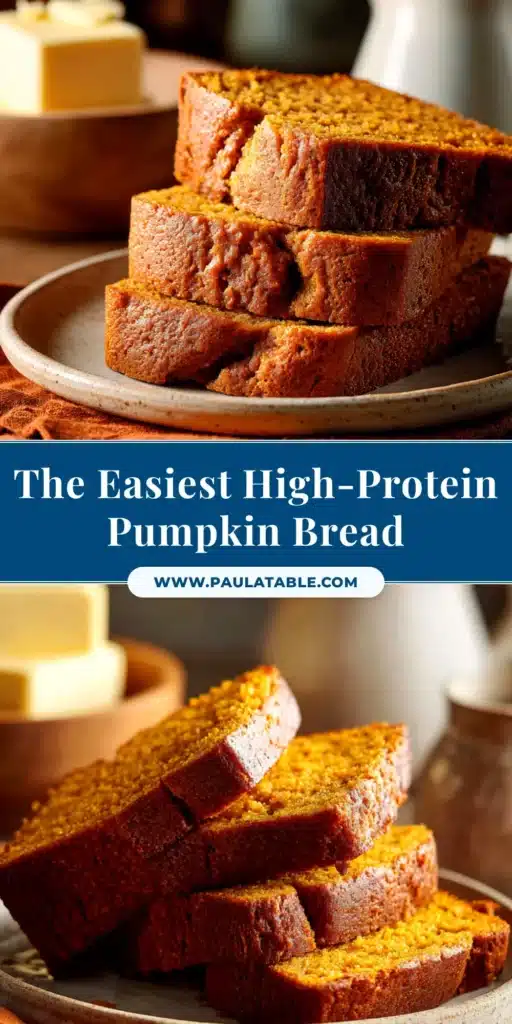 An overhead shot of a perfectly baked loaf of cottage cheese pumpkin bread, with one thick slice cut and resting against the loaf, showcasing its moist and tender crumb.