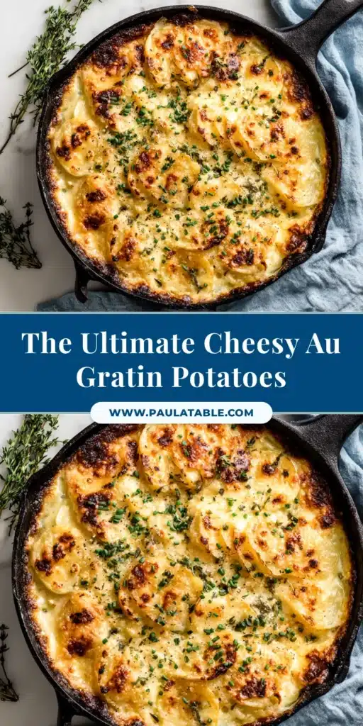 A delicious pan of homemade Au Gratin Potatoes, with a golden-brown cheesy crust and bubbly, creamy sauce. This recipe is the ultimate comfort food side dish.