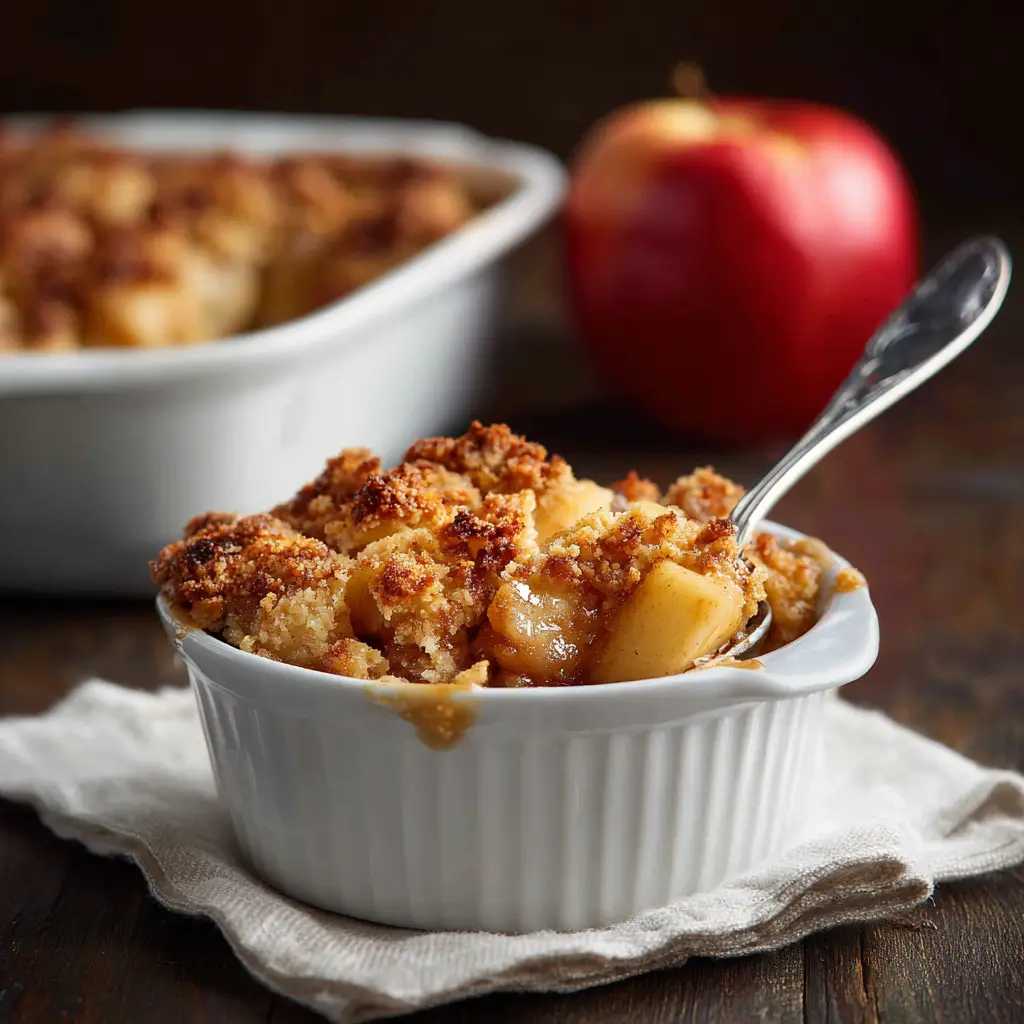 The ingredients for an easy apple crisp laid out, including fresh apples, oats, brown sugar, cinnamon, and butter.