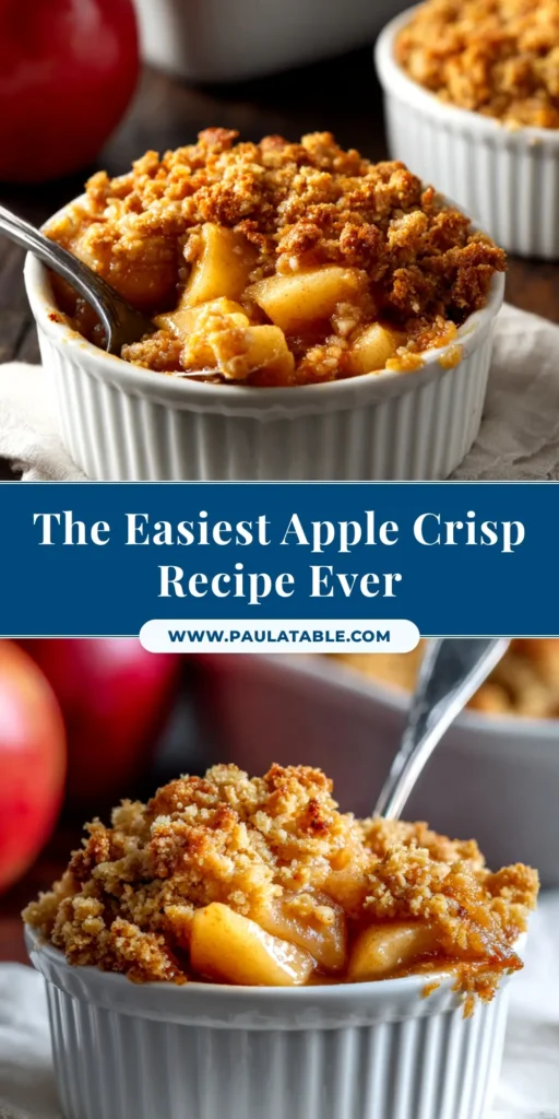 A delicious and easy apple crisp in a baking dish, topped with a golden-brown oat crumble. A scoop is being taken out, revealing the warm, bubbly apple filling.
