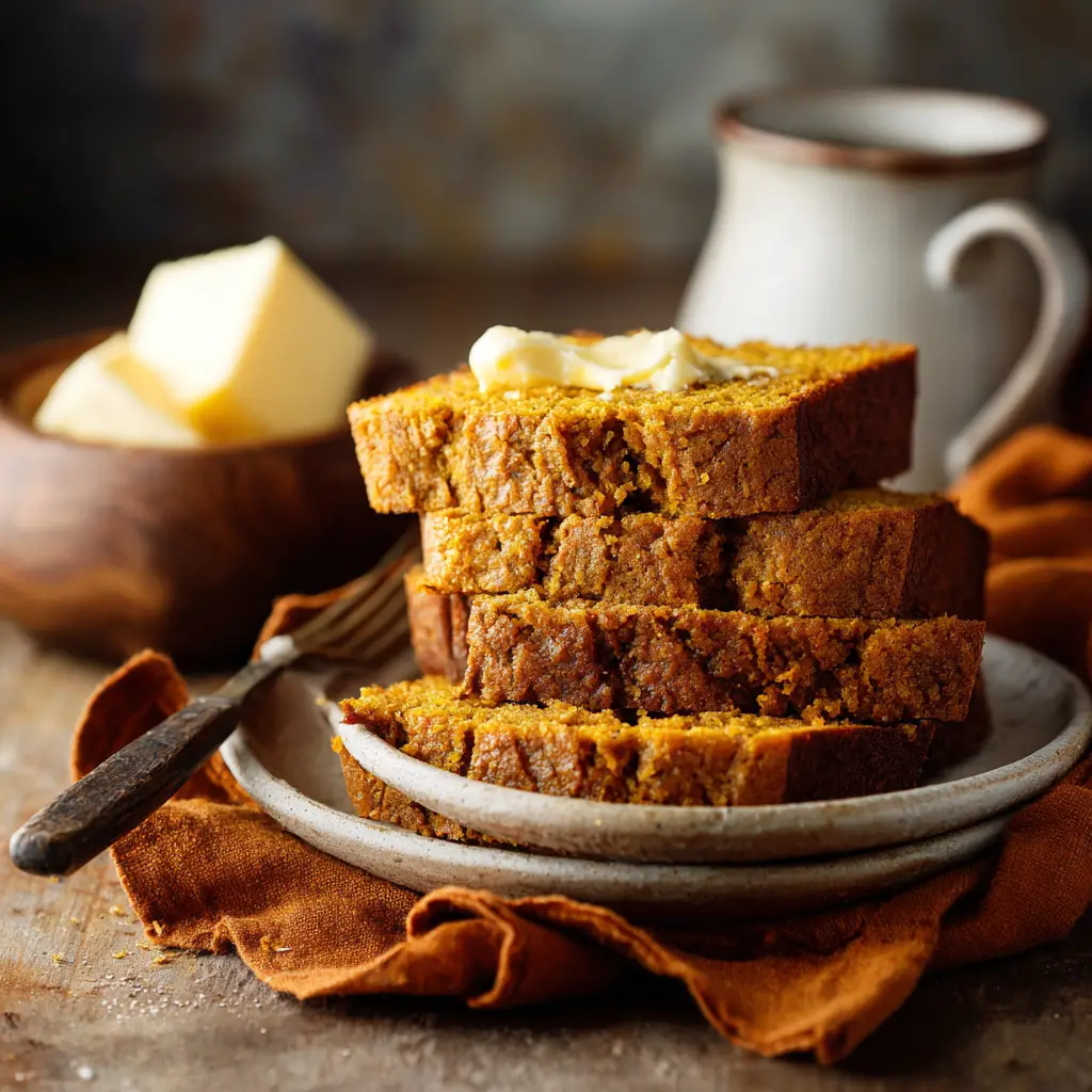 Another perspective of sliced pumpkin spice bread on a rustic wooden board, emphasizing its homemade quality and delicious appearance.