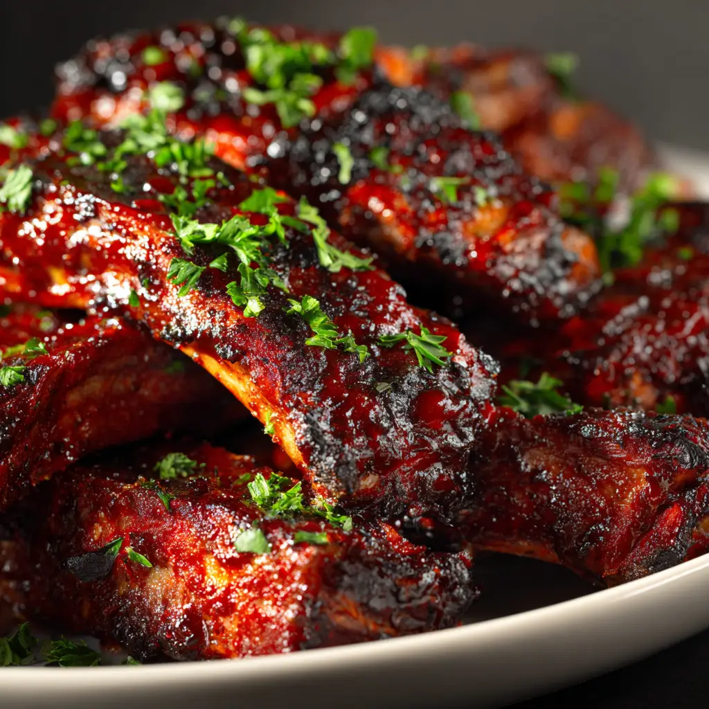 A rack of perfectly cooked crockpot bbq ribs on a baking sheet after being sauced and broiled to perfection.
