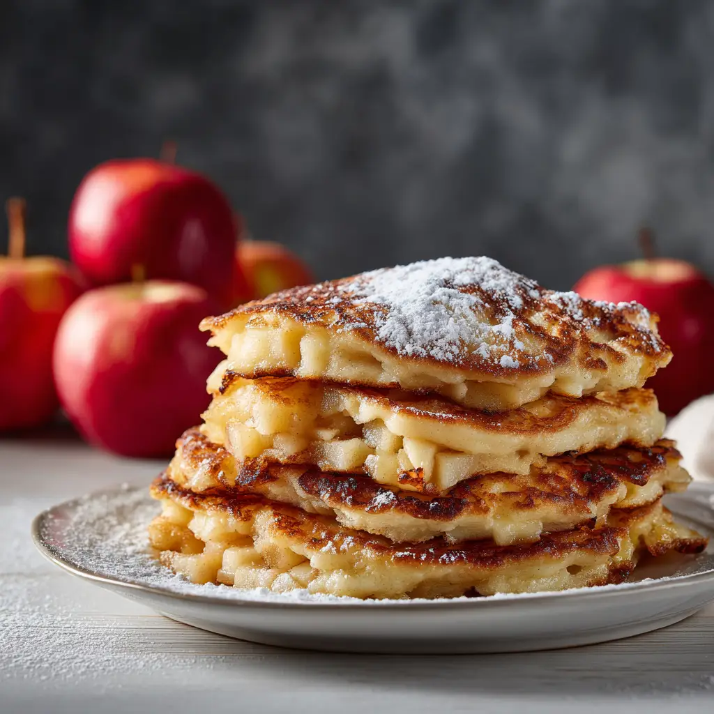A close-up shot of fluffy apple pancakes, showing the airy texture and tender chunks of apple inside, dusted with confectioner's sugar.
