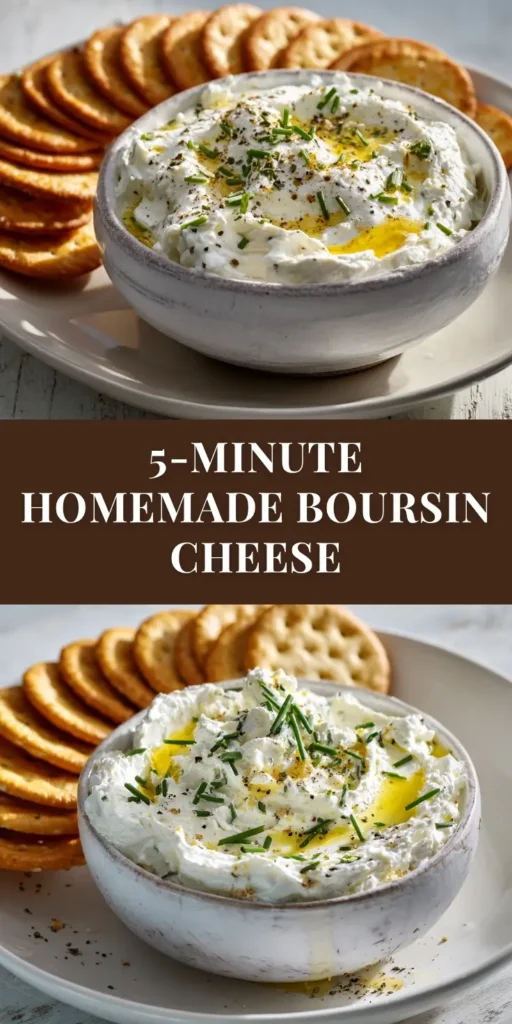A ceramic bowl filled with creamy homemade Boursin cheese, garnished with fresh herbs and surrounded by crackers. The perfect easy appetizer recipe.