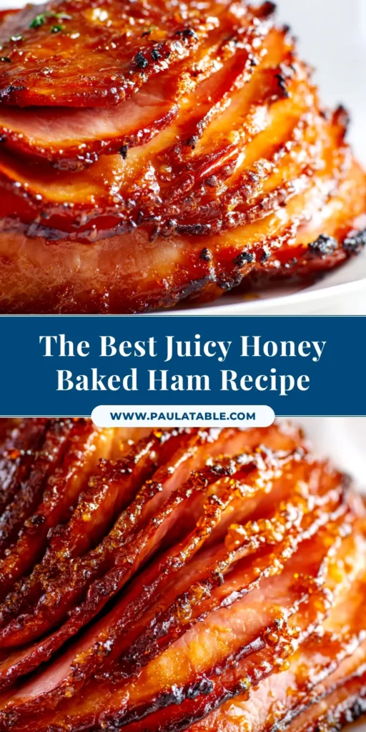 A stunning Honey Baked Ham Recipe with a perfectly caramelized, crackly glaze, ready to be served for a holiday dinner.