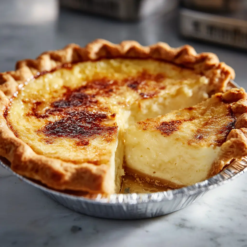 The simple ingredients for an old-fashioned sugar cream pie, including cream, sugar, and flour, arranged neatly on a wooden surface.