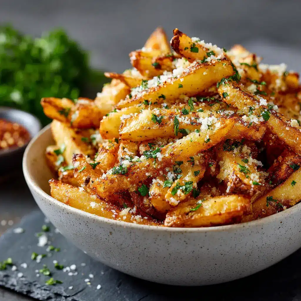 A batch of seasoned potato wedges spread on a baking sheet, ready to be baked into crispy parmesan garlic fries.