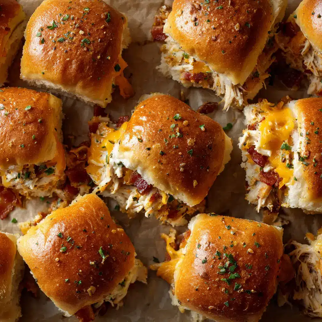 The process of assembling the chicken bacon ranch sliders, showing the chicken mixture being spread on the bottom half of the rolls.