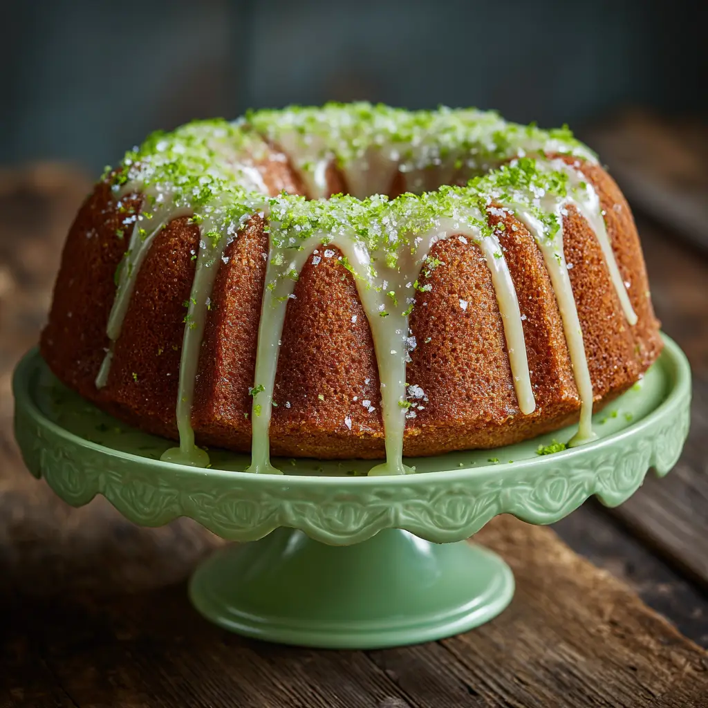 An overhead shot of the key lime bundt cake, showing the intricate details of the bundt pan and the even distribution of the delicious lime glaze.
