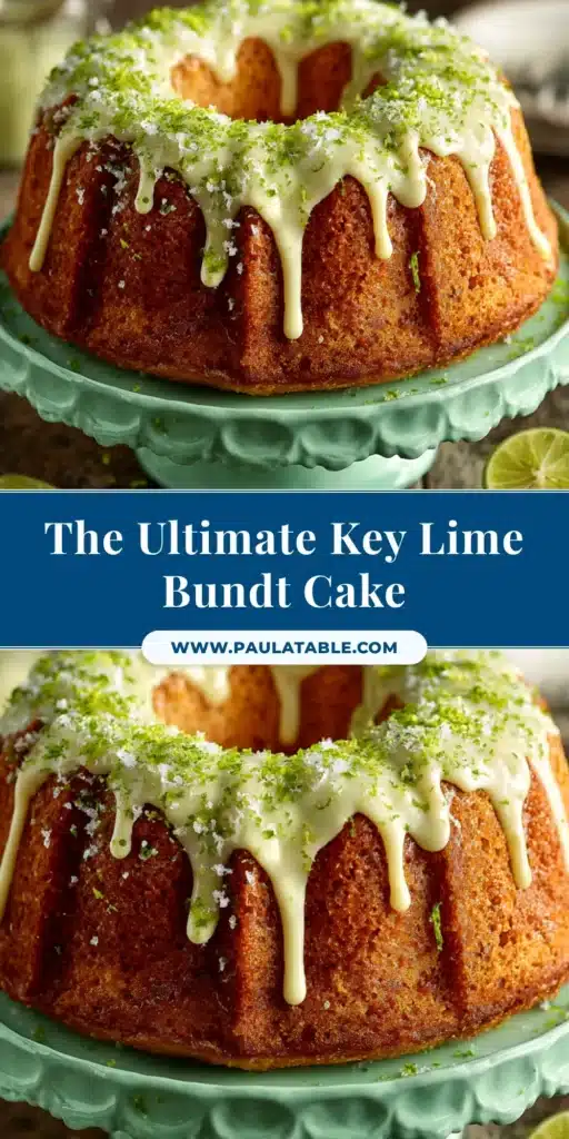 A beautiful Key Lime Bundt Cake with a zesty glaze dripping down the sides, garnished with lime zest and ready to be served. The perfect easy and moist bundt cake recipe.