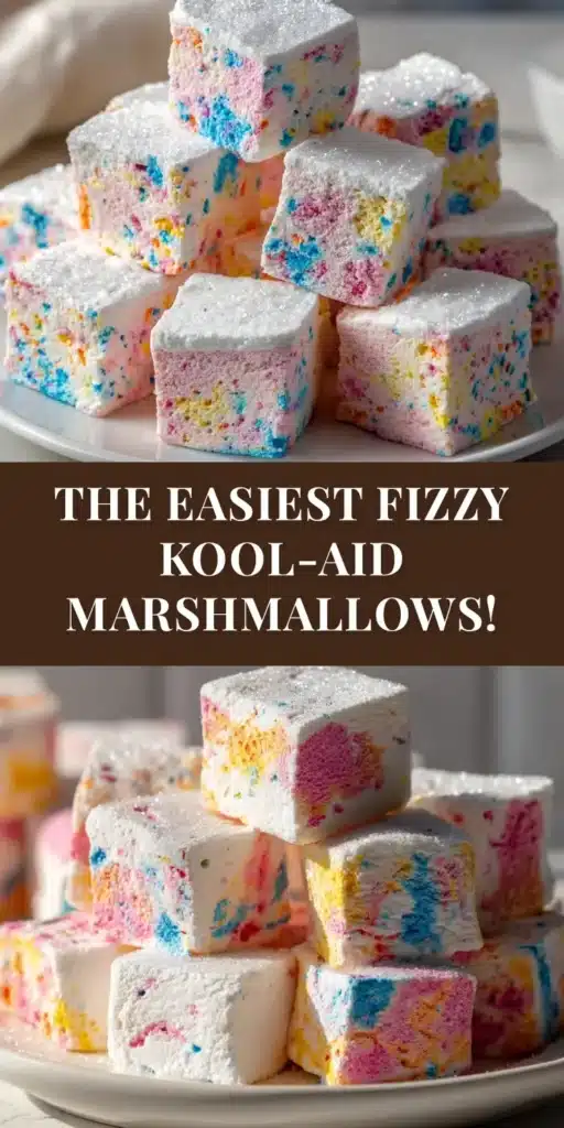 A close-up overhead shot of colorful, square Kool-Aid Marshmallows dusted with powdered sugar and arranged on a white plate. The title text reads 'Easy Kool-Aid Marshmallows Recipe'.