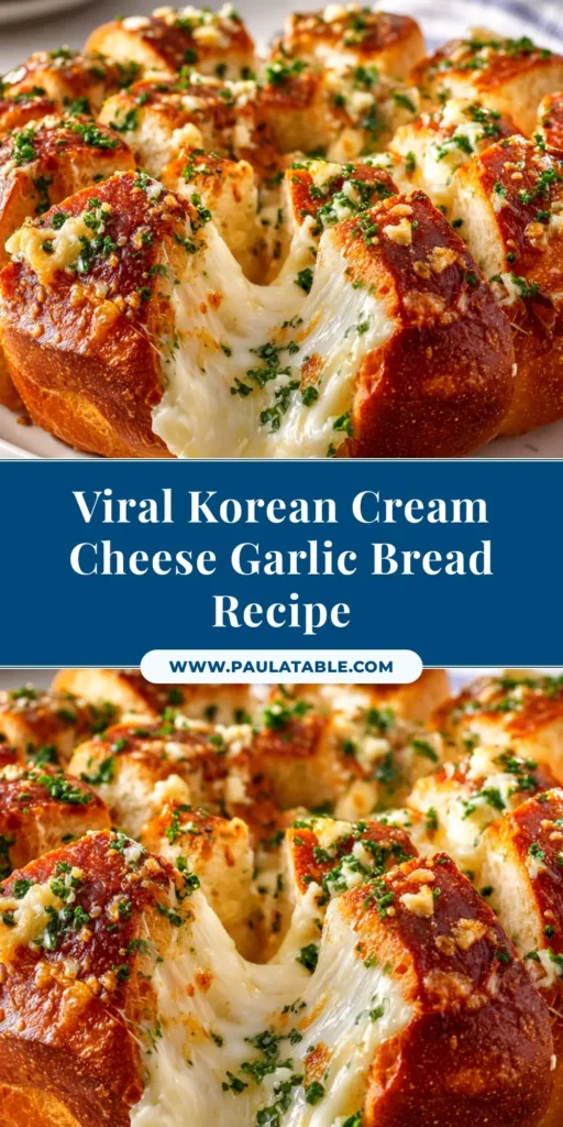 A golden-brown Korean Cream Cheese Garlic Bread bun, cut into six wedges oozing with sweet cream cheese filling and coated in a garlic butter glaze, ready to be shared.