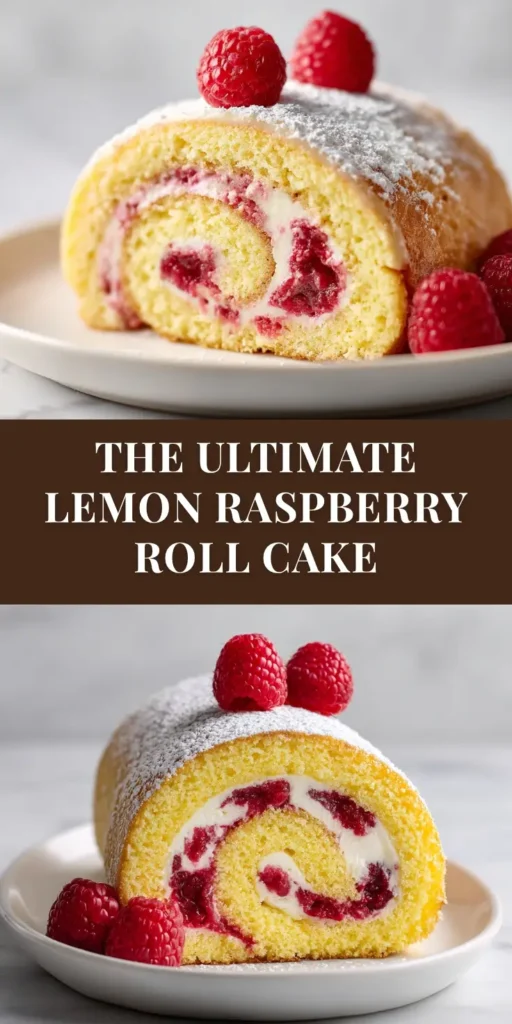 A perfect slice of Lemon Raspberry Cake Roll on a white plate, showing a beautiful swirl of yellow cake and white cream filling dotted with red raspberries. The cake roll is dusted with powdered sugar.