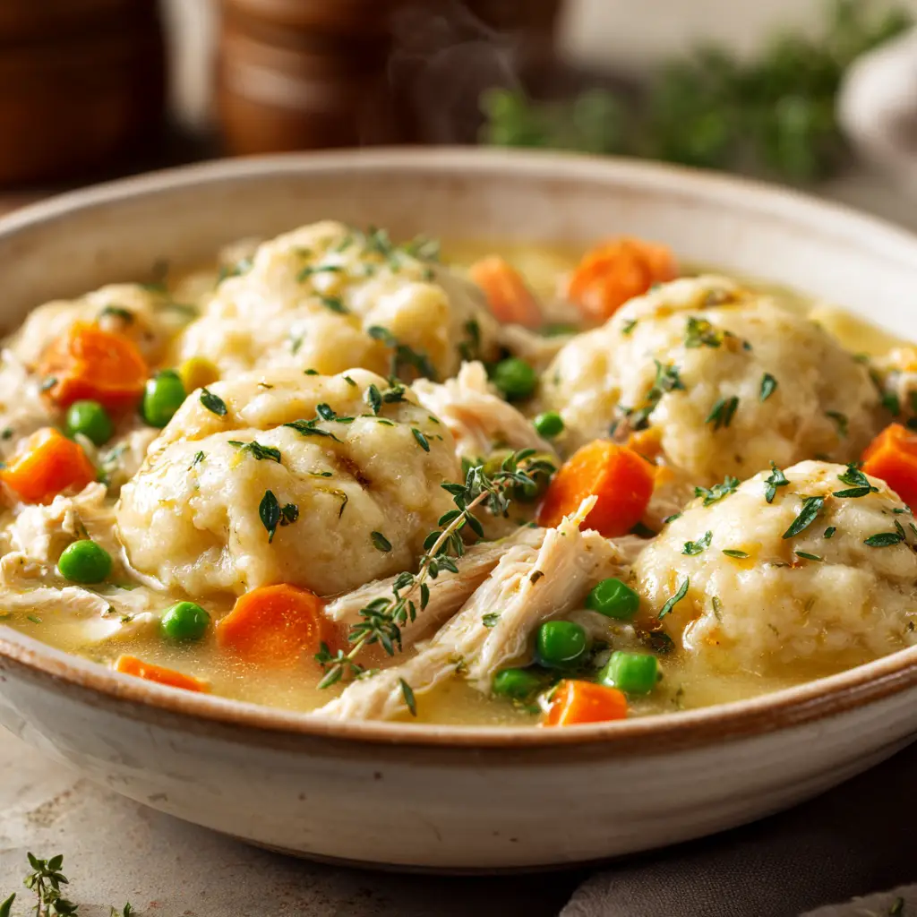 A spoonful of fluffy homemade dumplings being dropped into the simmering chicken stew. A key step in making chicken and dumplings from scratch.