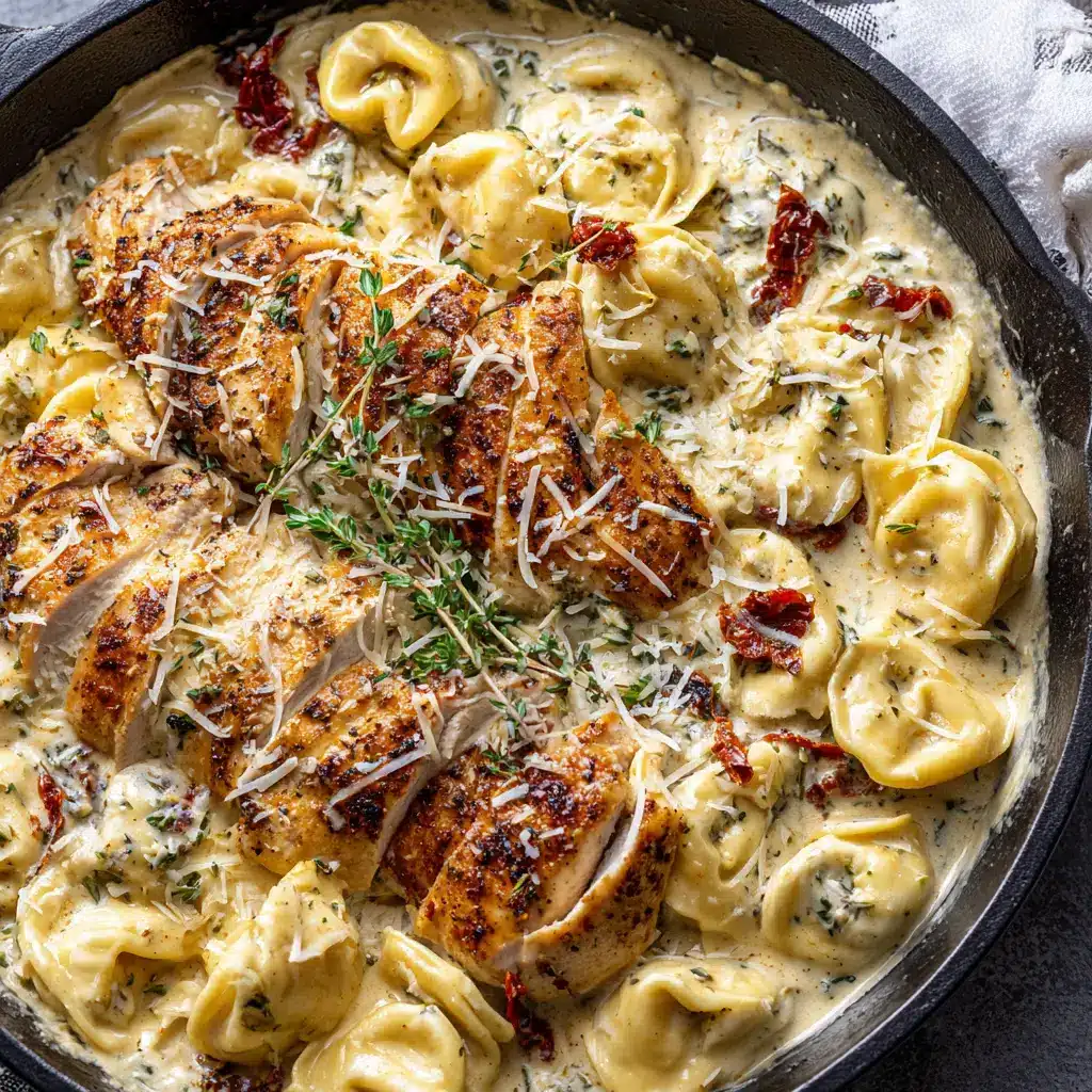 A spoonful of Marry Me Chicken Tortellini showing the combination of cheese tortellini, spinach, and chicken in a rich, orange-hued cream sauce.