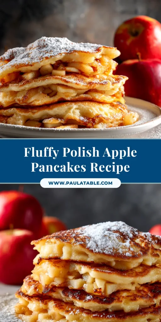 A tall, beautiful stack of fluffy Polish apple pancakes dusted with powdered sugar, with visible apple slices. A fork is poised to take a bite.