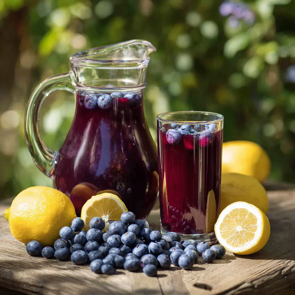 Two glasses of blueberry lemonade garnished with mint, with a pitcher in the background on a sunny patio.