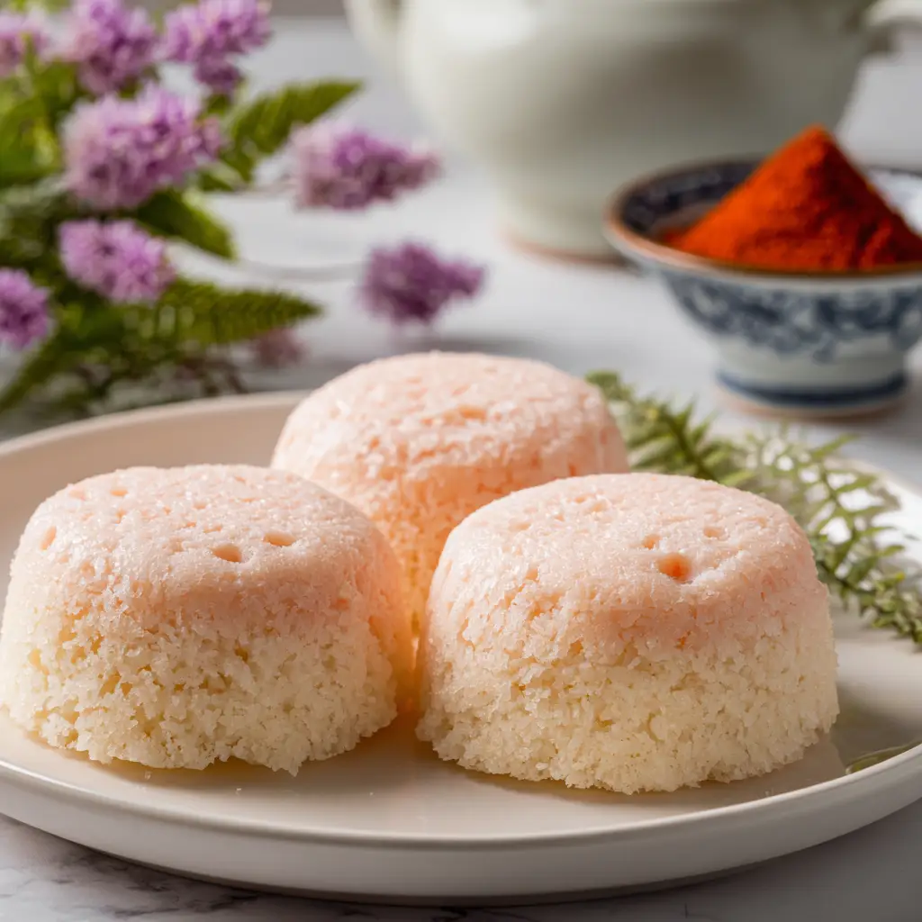 Steamed Rice Cake Recipe (Soft & Fluffy) 1 Three pink steamed rice cakes arranged artfully, highlighting the soft and spongy crumb of this sweet rice flour recipe.