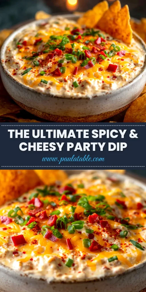 A shareable pin image for the Alabama Firecracker Dip recipe, showing the baked dip in a white dish with text overlay.