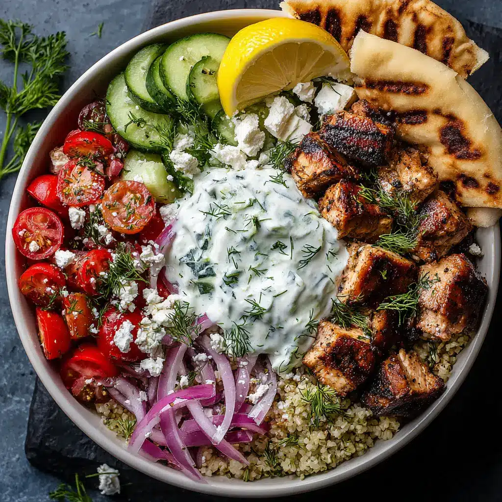Chicken Gyro Bowl (Better Than Takeout!) 1 A fully assembled Chicken Gyro Bowl showing all the colorful components: rice, chicken, tomatoes, feta, olives, and tzatziki.