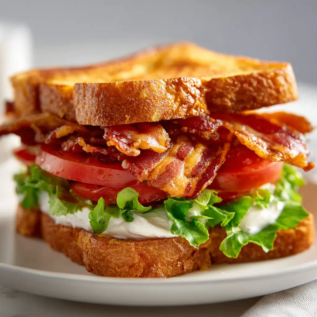 The final assembled French Toast BLT, sliced in half to show the perfect layers of bacon, lettuce, and tomato inside the eggy bread.