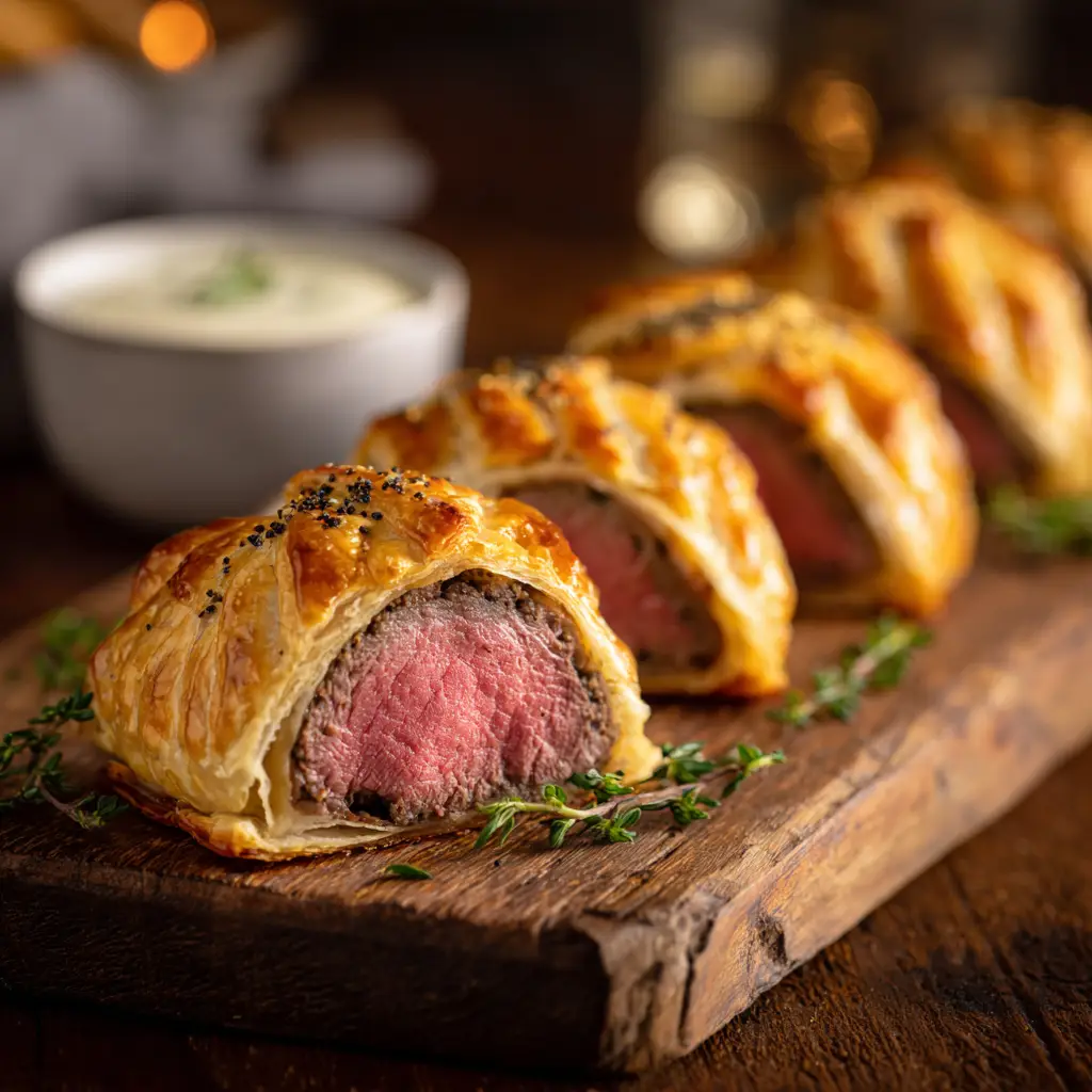 The process of assembling the mini beef wellingtons, showing the beef tenderloin log being wrapped in puff pastry before slicing.