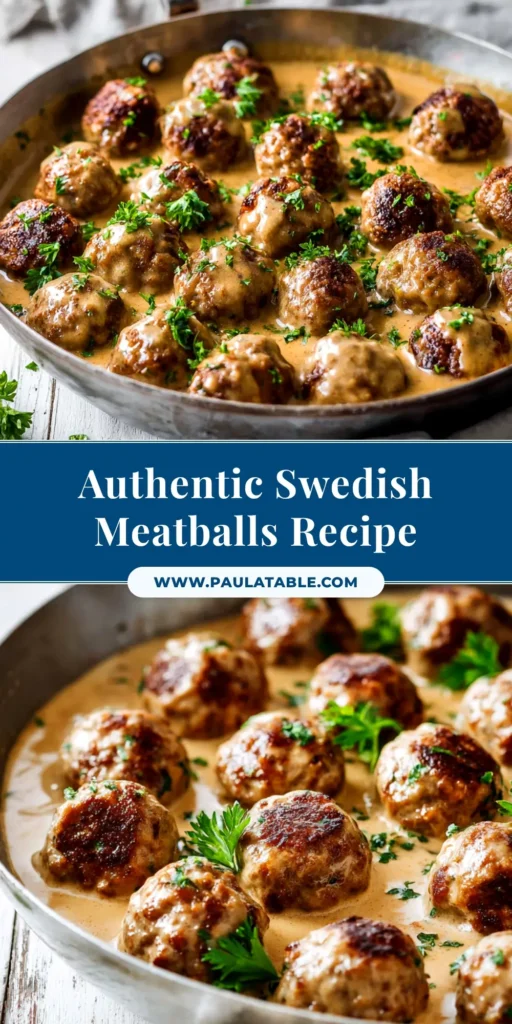 A top-down view of a skillet filled with an authentic Swedish meatballs recipe, showing juicy meatballs in a rich and creamy gravy.