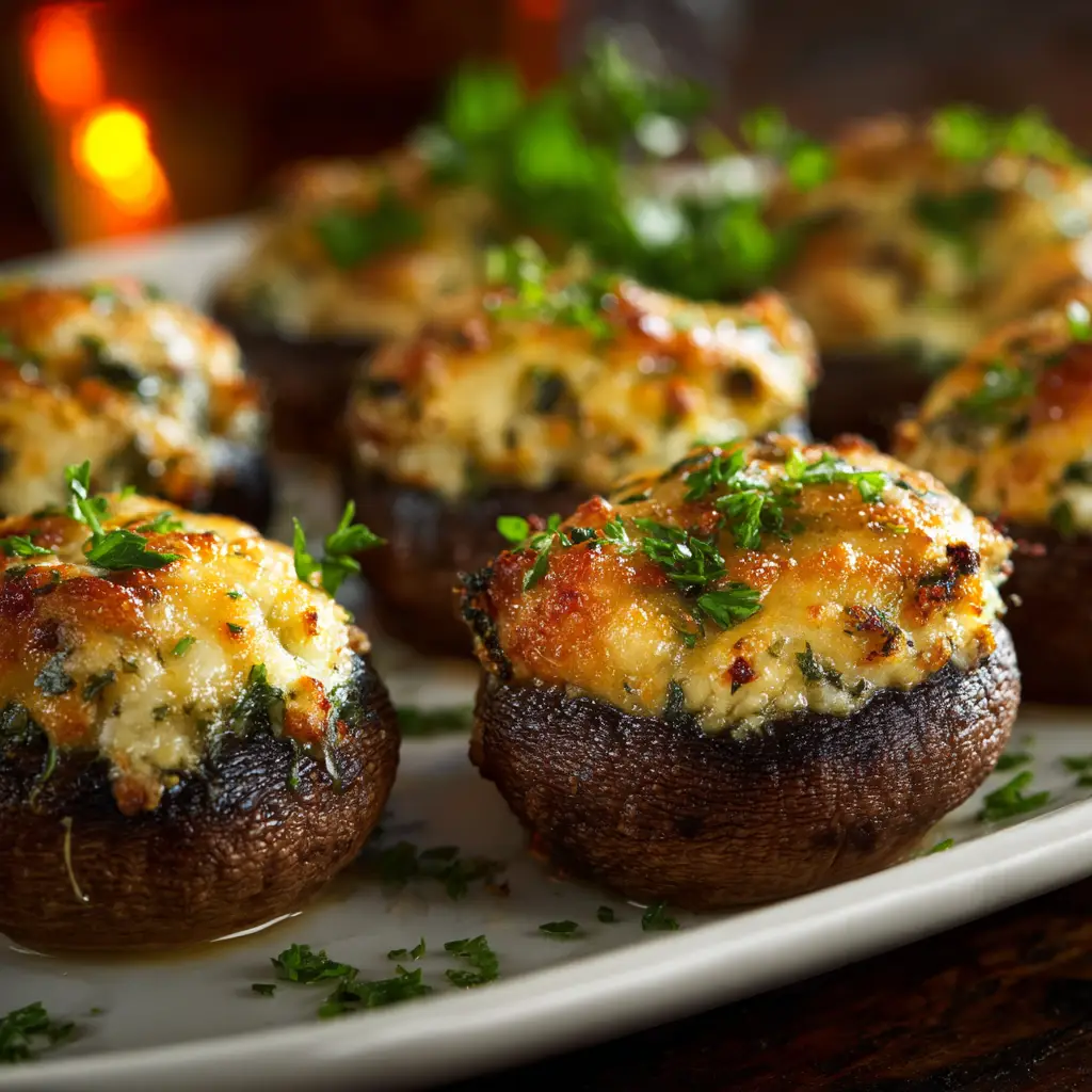 A close-up of a perfectly baked cheesy garlic stuffed mushroom, with a golden-brown top and bubbly cheese.