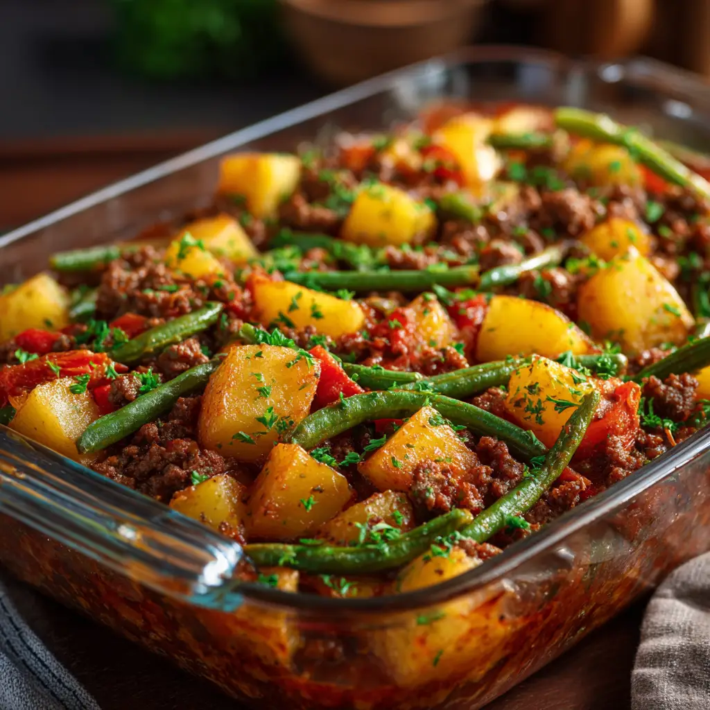 A high-angle view of a freshly baked Hobo Casserole, with its bubbly, golden-brown cheddar cheese topping covering layers of ground beef and vegetables.