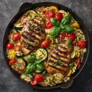 An overhead shot of the ingredients for the balsamic chicken orzo laid out, including chicken breast, zucchini, tomatoes, and orzo pasta.