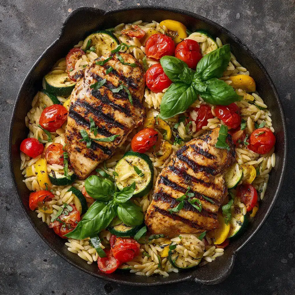 An overhead shot of the ingredients for the balsamic chicken orzo laid out, including chicken breast, zucchini, tomatoes, and orzo pasta.